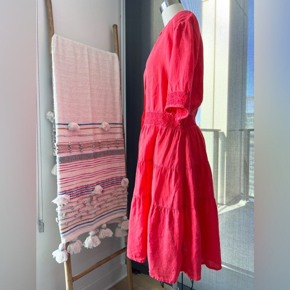 120% Lino Embroidered 100% Linen Shirtdress In Tulip Women’s Size 44 US 8 - Picture 3 of 11